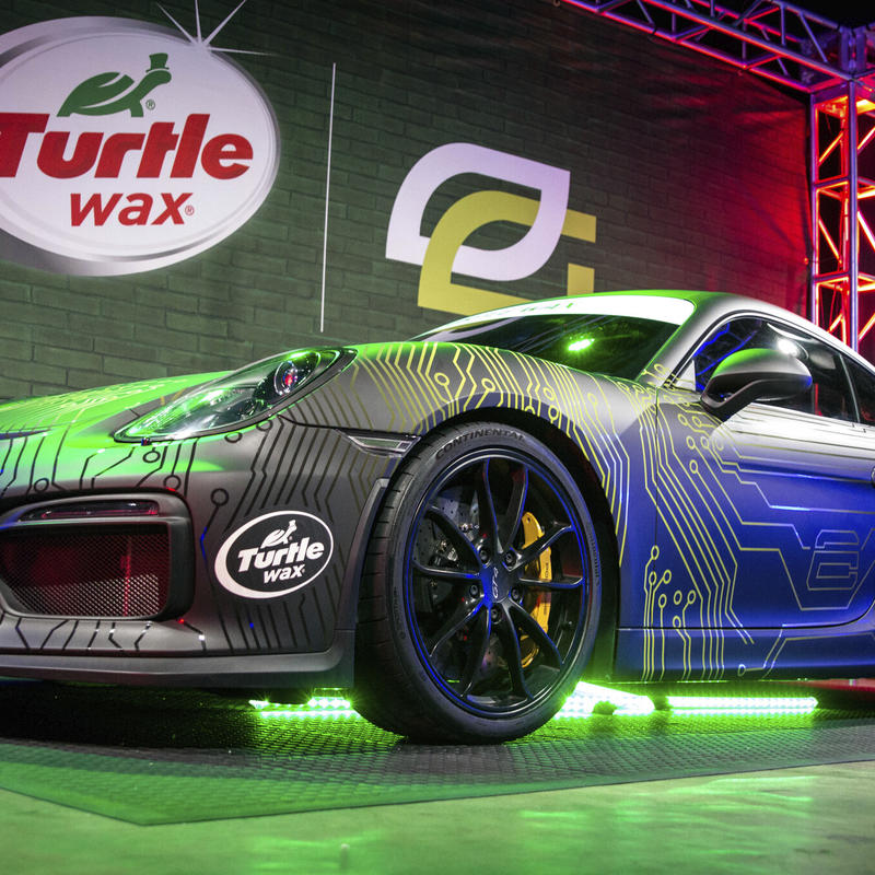 OpTic Gaming member Crimsix’s custom-wrapped Porsche on display at a tournament